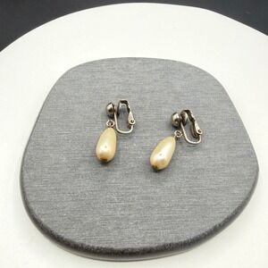 Faux Pearl Teardrop Dangle Clip On Earrings Silver Tone Classic Costume Jewelry